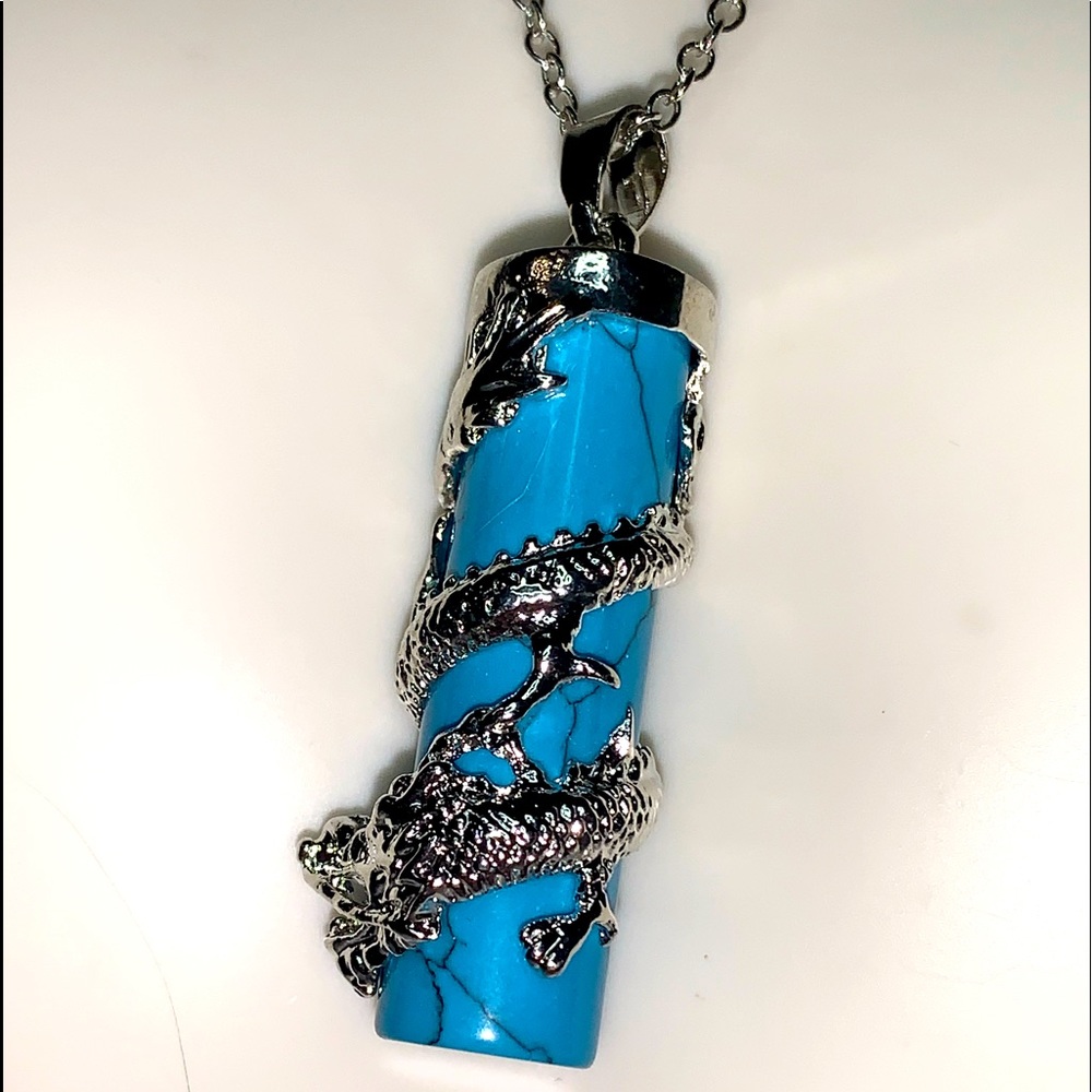 Died turquoise Howlite and Silver dragon necklace.